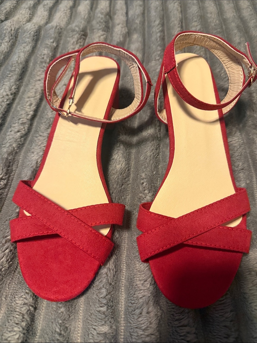 Never worn….. Suede Red Crisscross Ankle-Strap Sandals/Hills